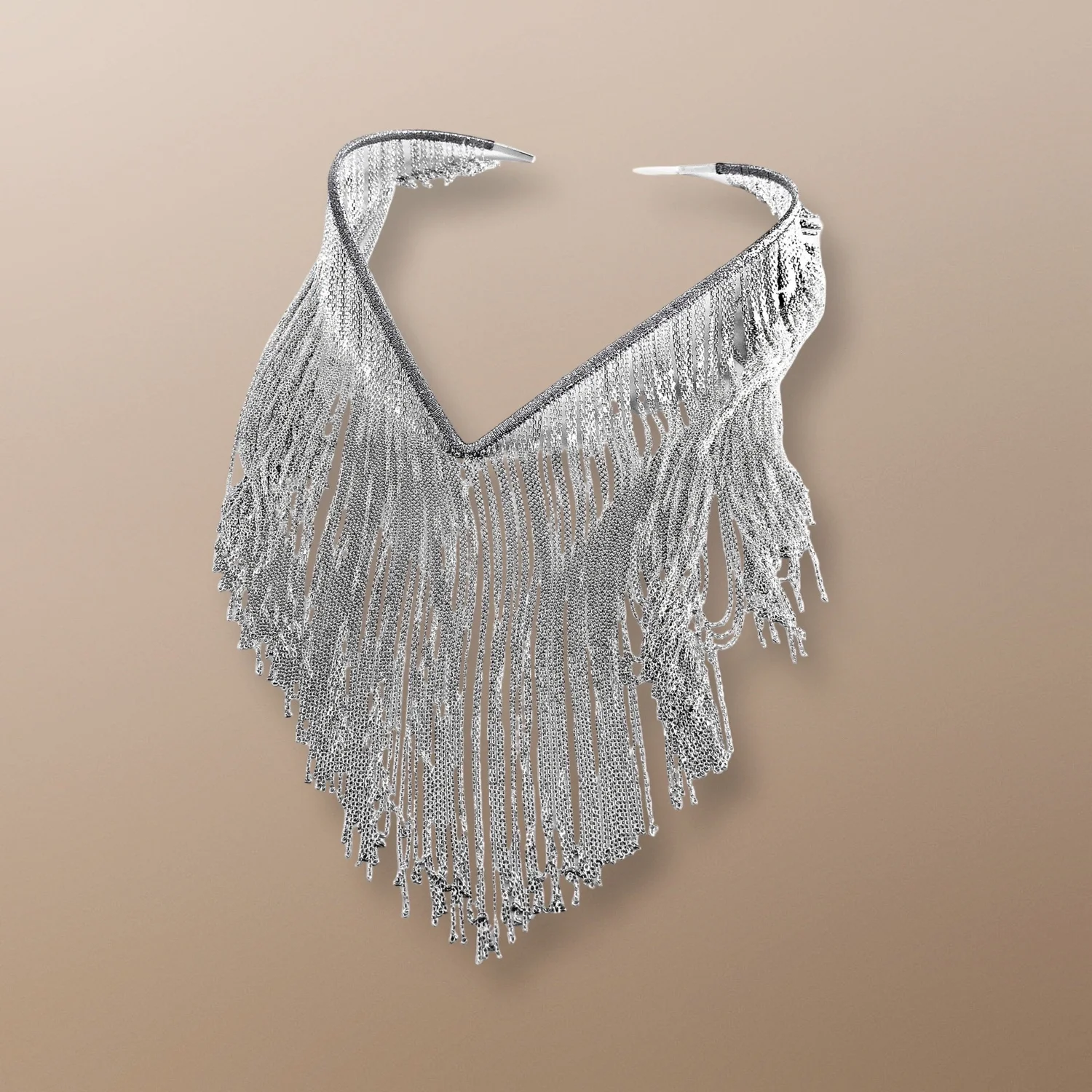 NSC101 V COLLAR HAND WOVEN WITH 7 INCH CHAIN FRINGE. AVAILABLE IN